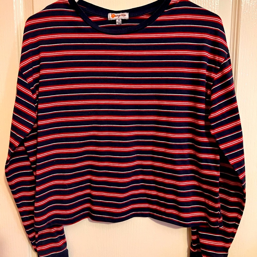 Range Kiss long sleeve, red, dark blue, and white stripes. Size XL